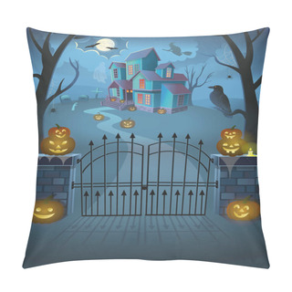 Personality   Haunted House With Gate, Pumpkins, A Witch On A Broomstick, Spiders, A Crow And A Ghost. Cartoon Style Vector Illustration. Pillow Covers