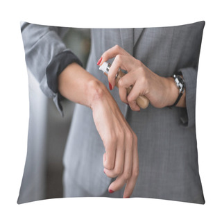 Personality  Cropped View Of Businesswoman Applying Makeup Foundation On Hand With Bruise, Domestic Violence Concept  Pillow Covers