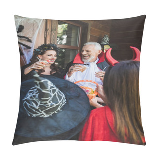 Personality  Happy Couple In Creepy Halloween Costumes Holding Candies And Smiling Near Blurred Kids  Pillow Covers