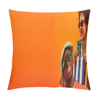 Personality  Smiling And Stylish Young African American Woman In Sunglasses And Summer Outfit Standing Near Best Friend In Panama Hat Sitting On Deck Chair Isolated On Orange, Fashion-forward Friends, Banner Pillow Covers