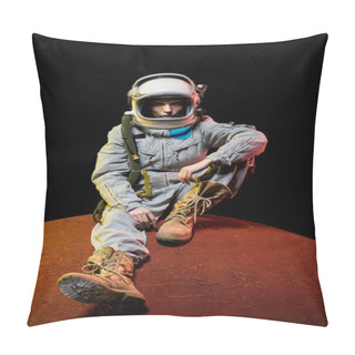 Personality  Young Cosmonaut In Spacesuit With Helmet Sitting On Planet In Space Pillow Covers