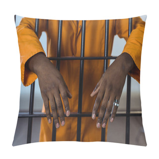 Personality  Cropped Image Of African American Prisoner Behind Prison Bars Pillow Covers