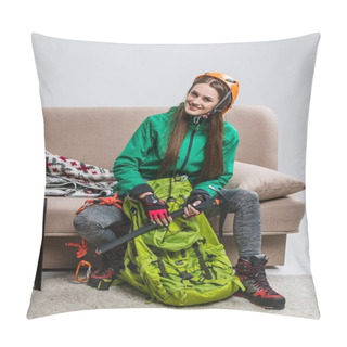 Personality  Young Climber With Backpack And Ice Axe At Home Pillow Covers