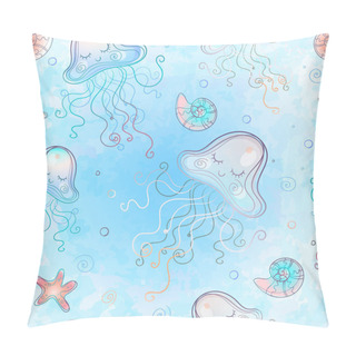 Personality  Seamless Pattern With Cute Jellyfish. Watercolor. Vector. Pillow Covers
