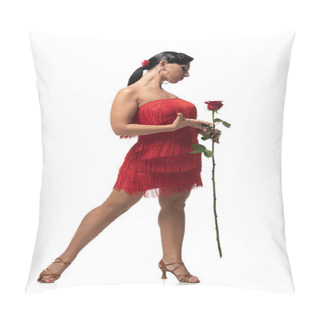 Personality  Beautiful, Stylish Tango Dancer In Dress With Fringe Holding Red Rose On White Background Pillow Covers