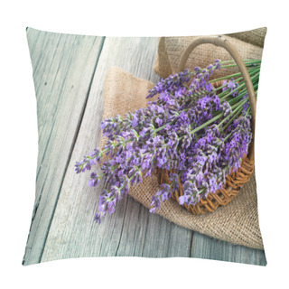 Personality  Lavender Flowers In A Basket With Burlap On The Wooden Backgroun Pillow Covers