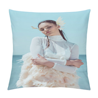 Personality  Tender Woman In White Swan Costume Standing On Blue River And Sky Background, Looking At Camera Pillow Covers