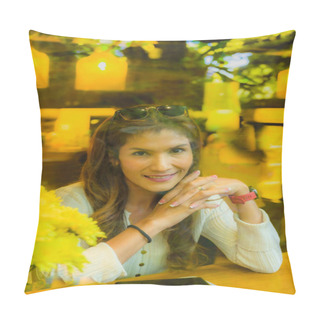Personality  Asian Woman Looking Through Glass With Comfortable Atmosphere At A Coffee Shop In Chiang Mai Province, Thailand. Pillow Covers