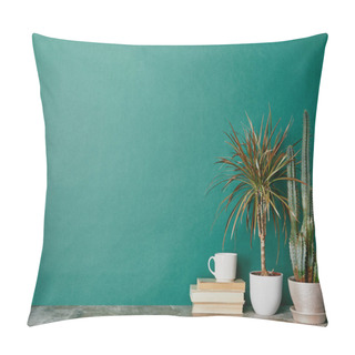 Personality  Cup Of Coffee On Books And Plants In Flowerpots On Green Background Pillow Covers