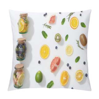Personality  Top View Of Detox Drinks In Jars Near Fruit Slices, Blueberries, Mint And Rosemary Pillow Covers
