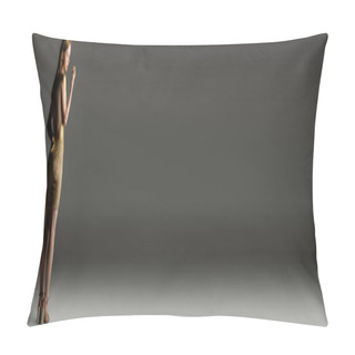 Personality  Woman In Dress Looking At Hand In Golden Dye On Grey Background, Banner  Pillow Covers