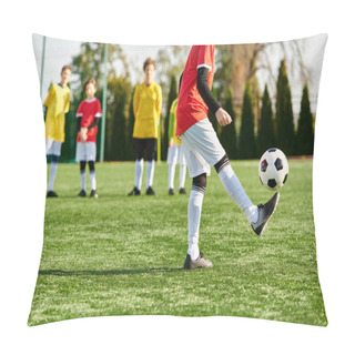 Personality  A Young Boy Energetically Kicks A Soccer Ball On A Vibrant Green Field, Showcasing His Passion For The Sport And Determination To Hone His Skills. Pillow Covers