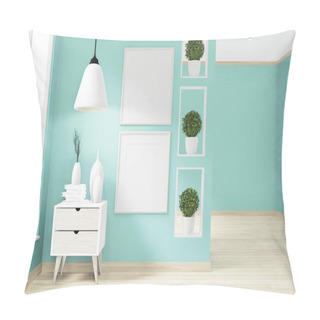 Personality  Mock Up Empty Room Mint Wall On Floor Wooden Interior Design.3D  Pillow Covers