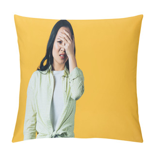 Personality  Scared Brunette Asian Girl Closing Face Isolated On Yellow Pillow Covers