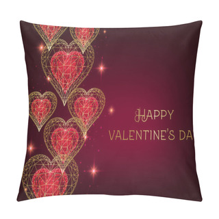 Personality  Valentines Day Banner With Shiny Low Polygonal Golden And Red Hearts, Stars On Burgundy Background. Pillow Covers