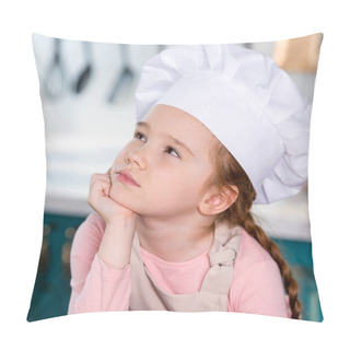 Personality  Pensive Little Child In Chef Hat Holding Hand On Chin And Looking Away In Kitchen Pillow Covers