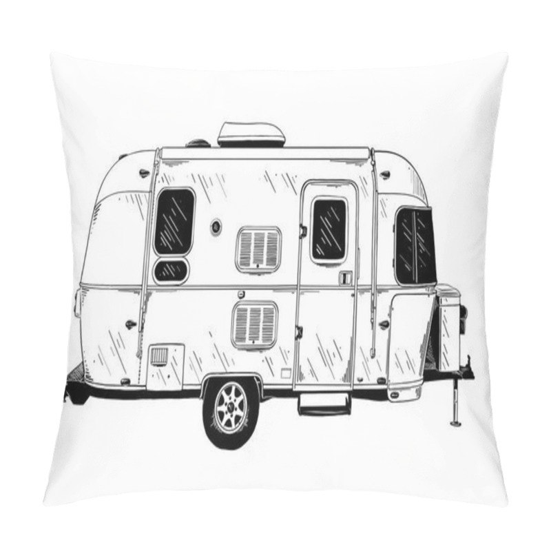 Personality  Vector Engraved Style Illustration For Posters, Decoration And Print. Hand Drawn Sketch Of Trailer In Black Isolated On White Background. Detailed Vintage Etching Style Drawing. Pillow Covers