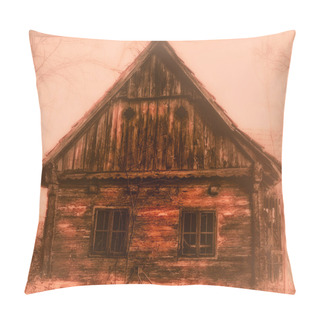 Personality  Monochrome Red Image Of An Abandoned Lost Old Wood Hut In A Foggy Spooky Landscape In Surreal Vintage Painting Style  Pillow Covers
