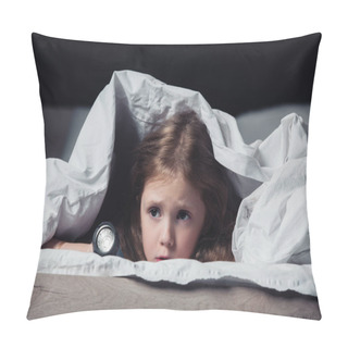 Personality  Frightened Child Hiding Under Blanket And Holding Flashlight Isolated On Black Pillow Covers