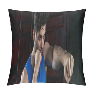 Personality  Confident Unshaven Man In Blue Tank Top Training And Boxing On City Street At Night Pillow Covers
