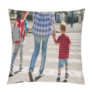 Personality  Mother And Her Children Crossing Road On Way To School. Pillow Covers