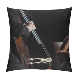 Personality  Cropped View Of Professional Musicians Playing On Violin And Contrabass On Dark Stage Pillow Covers