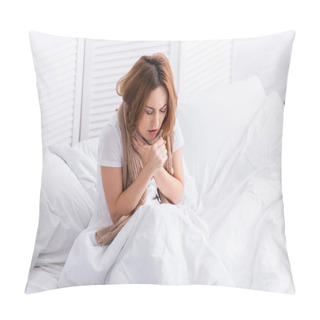 Personality  Sick Woman Coughing And Touching Neck At Home Pillow Covers