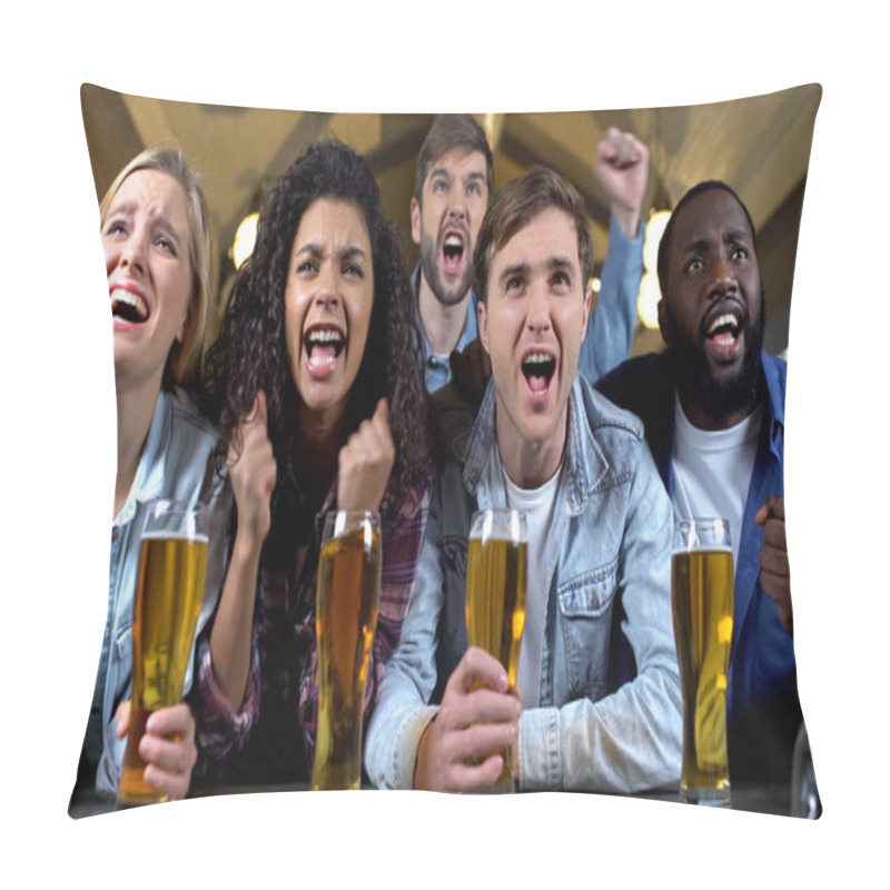 Personality  Joyful team supporters screaming watching tv in beer pub, celebrating goal pillow covers