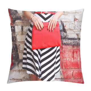 Personality  Fashionable Woman With Red Handbag In Hands Closeup Pillow Covers