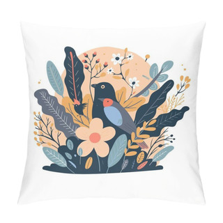 Personality  Springtime Vector Illustration Of Flowers, Birds And Plants, Minimalist Styled Florals, Spring Seasonal Square Background Pillow Covers