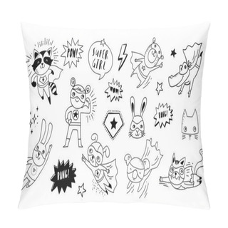 Personality  Superhero Cute Hand Drawn Animals, Cat, Dog, Panda, Bear And Crocodile Vector Characters Pillow Covers