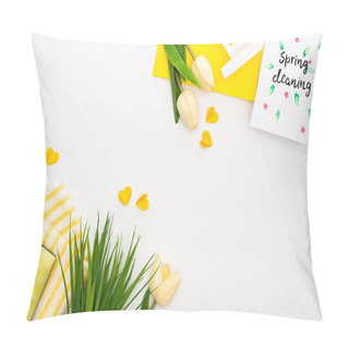 Personality  Top View Of Spring Tulips And Green Grass Near Yellow Cleaning Supplies And Spring Cleaning Card On White Background Pillow Covers