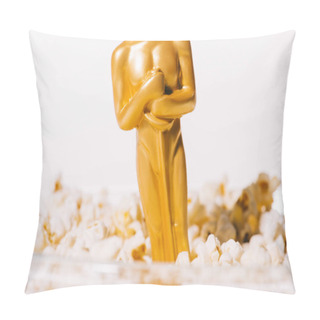 Personality  KYIV, UKRAINE - JANUARY 10, 2019: Close Up Of Shiny Oscar Award In Popcorn Bowl Isolated On White Pillow Covers