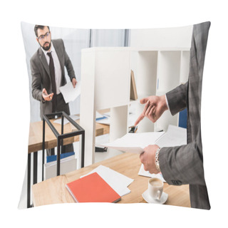 Personality  Cropped Image Of Businessman Pointing On Something In Documents In Office Pillow Covers