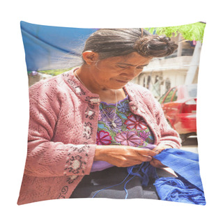 Personality  San Lorenzo Zinacantan, Mexico - May 10, 2014: A Traditional Tzotzil Woman Sews Clothes And Cloths. San Lorenzo Zinacantan Is A Village In The Southern Part Of The Central Chiapas Highlands In The Mexican State Of Chiapas.  Pillow Covers