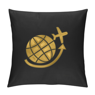 Personality  Airplane Flying Around Earth Grid Gold Plated Metalic Icon Or Logo Vector Pillow Covers