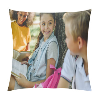 Personality  Selective Focus Of Three Cheerful Multicultural Classmates Speaking While Sitting Under Tree Pillow Covers