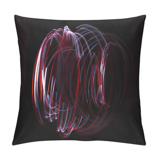 Personality  Light Painting Of Continuous Red And White Spirals Forming A Chaotic Vortex Like Figure. Dynamic Time Trajectory Of Two Lights Simultaneously Against A Black Background. Pillow Covers