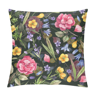 Personality  Watercolor Floral Seamless Pattern With Hand-drawn Illustrations. Roses, Buttercups, Lavender, Bluebells On A Dark Background. Floral Illustration For Wrapping Paper, Textile, Decorations. Pillow Covers