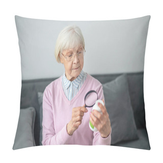 Personality  Senior Woman With Magnifier Scrutinizing The Medicines Pillow Covers