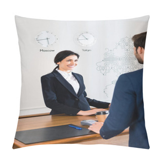 Personality  Cropped View Of Man Standing Near Happy Receptionist In Hotel  Pillow Covers