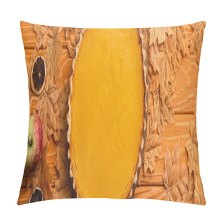 Personality  Top View Of Pumpkin Pie With Apples, Dried Citrus Fruit And Autumnal Foliage On Wooden Background, Panoramic Shot Pillow Covers