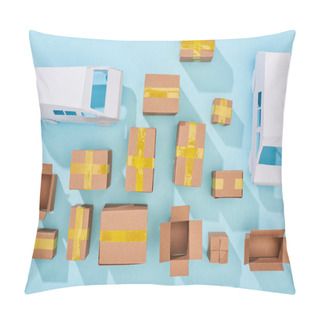 Personality  Top View Of Cardboard Boxes And White Vans On Blue Background Pillow Covers