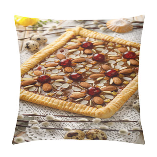Personality  Mazurek Pastry, Traditional Polish Easter Cake Made Of Shortcrust Pastry,  Fudge Caramel Cream, Candied Fruit And Almonds, Close-up. Very Sweet Dessert, Easter Treat Pillow Covers