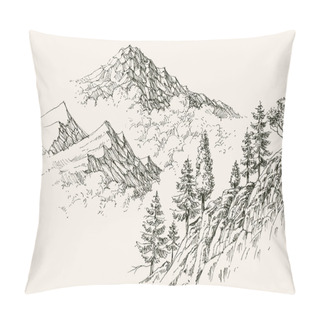 Personality  Alpine Sketch, Mountain Ranges And Coniferous Vegetation Pillow Covers