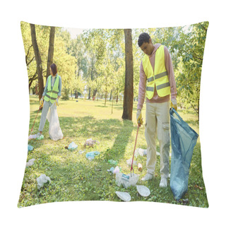 Personality  A Socially Active, Diverse Loving Couple In Safety Vests And Gloves Cleaning A Park Together On A Sunny Day. Pillow Covers