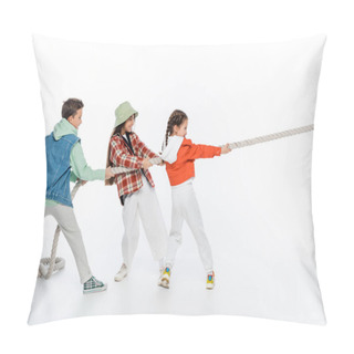 Personality  Side View Of Happy Preteen Children Pulling Rope While Playing Tug Of War Game On White Pillow Covers