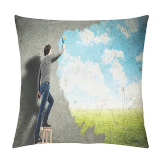 Personality  Young Man Drawing A Cloudy Blue Sky Pillow Covers