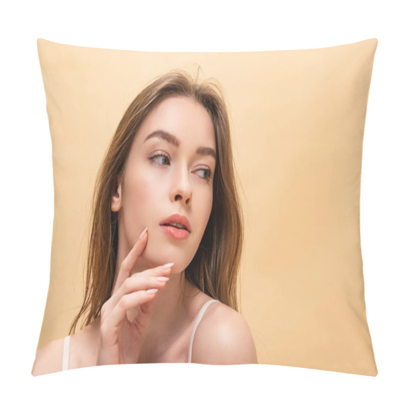 Personality  Portrait Of Pensive Beautiful Young Girl Holding Hand Near Face Isolated On Beige Pillow Covers