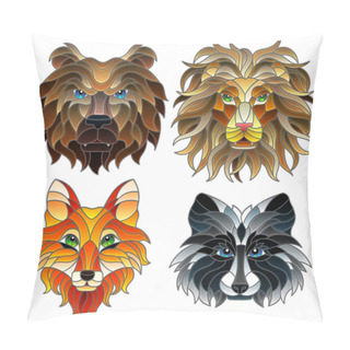 Personality  A Set Of Stained Glass Items, Stained Glass With Animal Heads, A Fox, A Lion, A Bear And A Raccoon, Isolates On White Background Pillow Covers